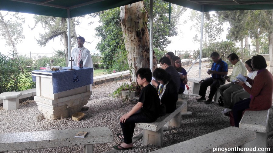 Attending Sunday mass at Mt of Beatitudes